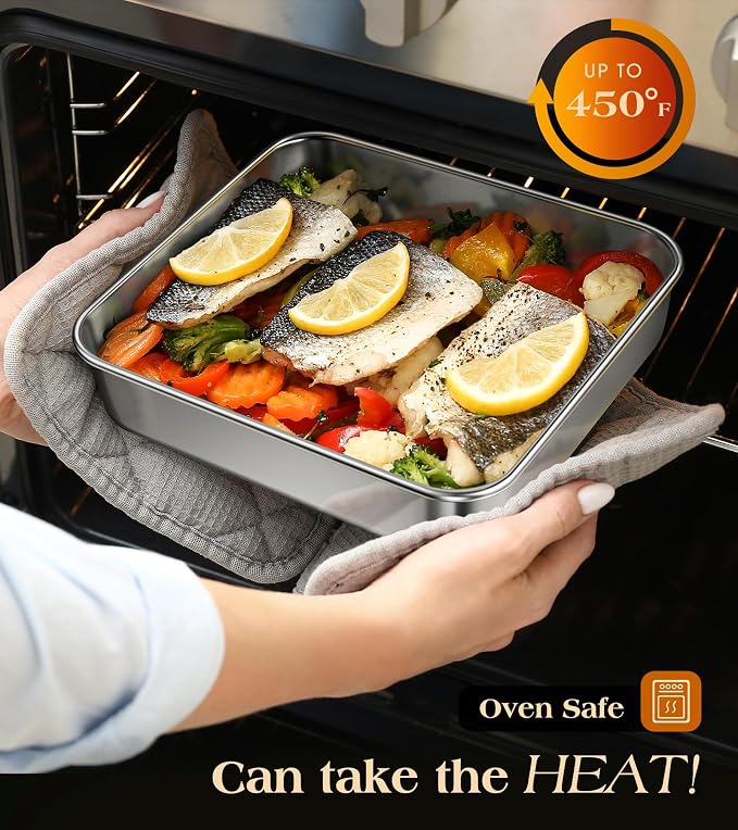 304 Stainless Steel Baking Pan with Lid, 12⅓ x 9¾ x 2 Inch Rectangle Sheet Cake Pans with Covers, Commercial Grade Bakeware for Cakes Brownies Casseroles, Non-toxic & Heavy Duty & Dishwasher Safe