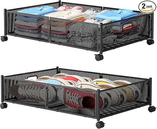 Gawerk Under Bed Storage with Wheels, Foldable Metal Mesh Underbed Storage Container Bins, Tool-free Assembly Clothes Drawer Organizer,2Pack