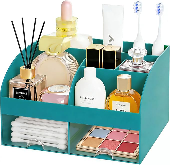 Makeup Organizer with 2 Drawers, Cosmetic Storage for Dresser Vanity and Bathroom Countertop,Make up organization and Skincare Storage with Beauty Brush Holder, Cosmetic Display Case (Dark Green)