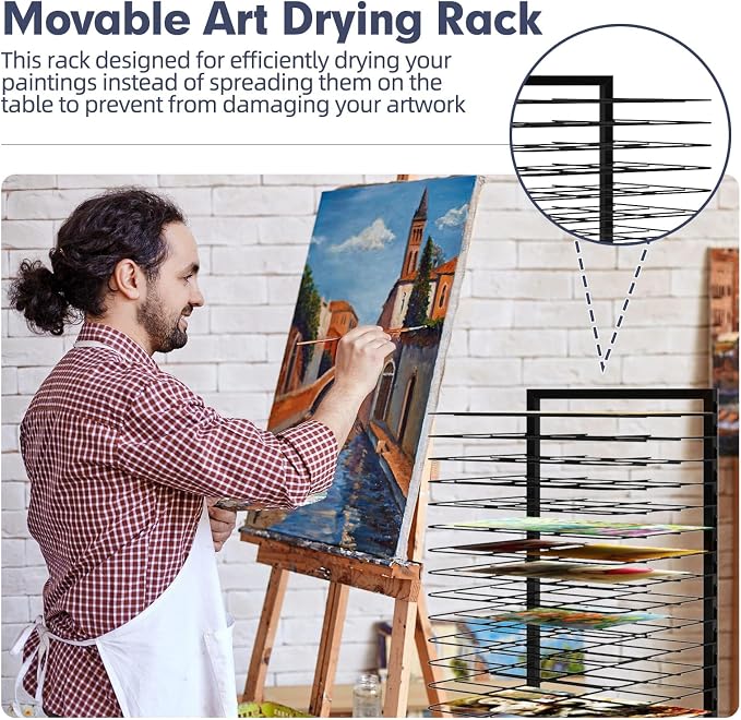 Art Drying Rack with 18 Removable Shelves,Art Drying Rack for Classroom with Locking Wheels,Art Canvas Storage Rack for Classrooms & Art Studios, Black