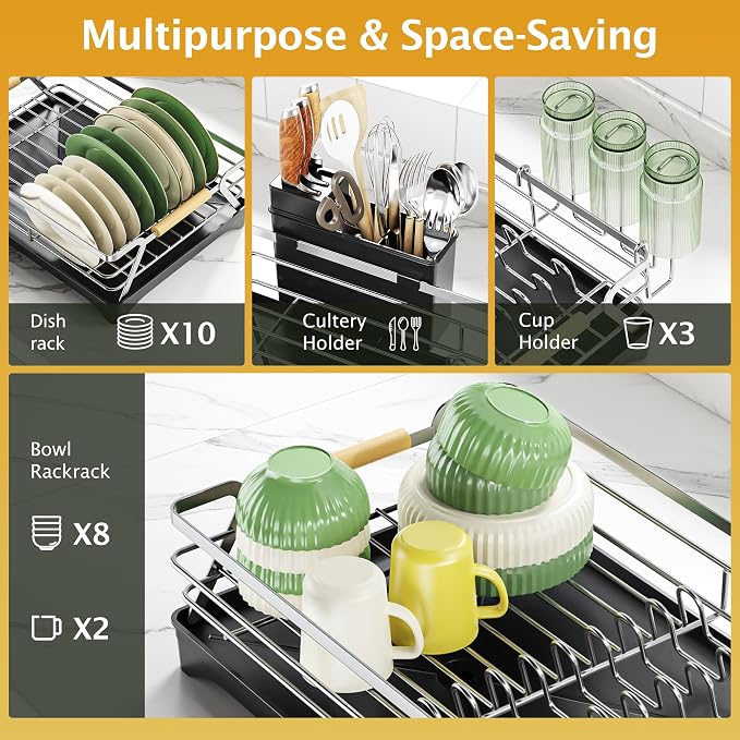 Epicano Dish Drying Rack for Kitchen Counter,Large Capacity,Silver | Raised Feet,Rustproof,Wooden Handle,Auto-Drainage System,Cup Holder & Knife Slots, Sink Storage Organizer