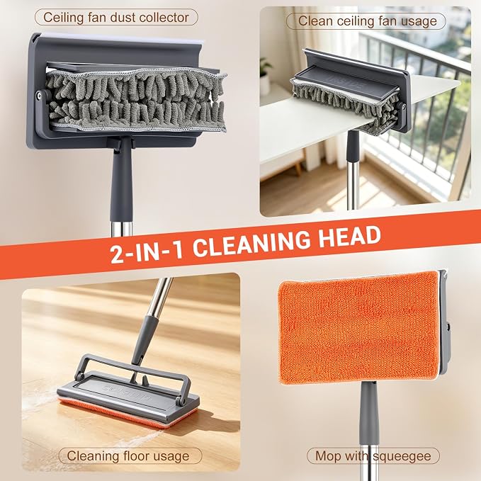 4 in 1 Fan Duster, Ceiling Fan Blade Cleaner with 76“ Long Handle | 360° Reusable Ceiling Fan Cleaners for Blades, Chenille Duster Cleaner Kit for Baseboard, Wall, Floor, Window