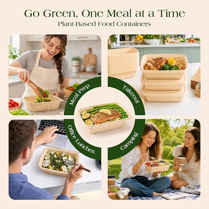 100 Piece (50 Pack) Meal Prep Containers with Lids,32 oz Resuable Cornstarch Material Salad Containers, Plant-based Lunch Boxes, Plastic Take Out Bowls BPA Free, Microwave Freezer Safe, Stackable