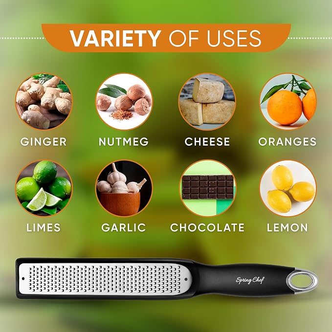 Spring Chef Premium Lemon Zester Grater with Handle - Fruits, Garlic, Chocolate, Nutmeg, Ginger Grater - Heavy Duty Kitchen Tool - Stainless Steel Citrus Zester with Blade Cover - Fine Shred, Black