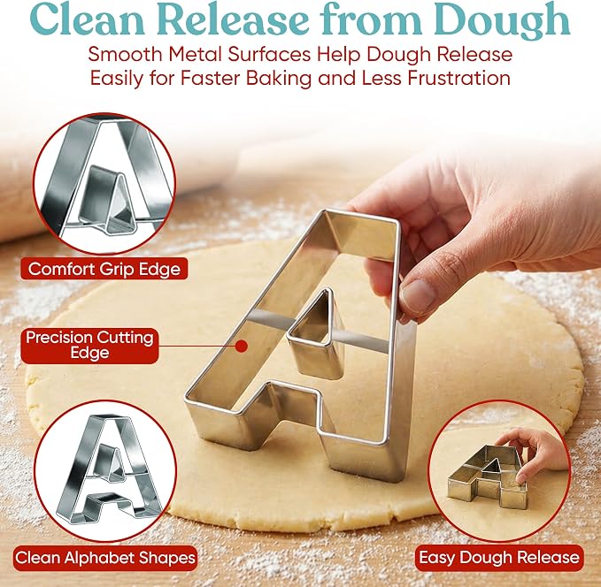 Bakerpan Stainless Steel Big Alphabet Cookie Cutter Set - 26 Large 3.5 Inch ABC Letter Cookie Cutters for Cookies, Biscuits, Fondant, Sandwiches & Cake Decorating + Bonus Dough Cutter