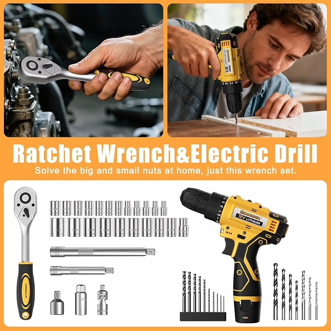 Tool Kit Box Drill Set with 12V Power Cordless Drill 299-Piece Tool Kit for Home Tool Set Storage Case with Drawer General Household Drill Set for Home Mechanics Repairs Men & Women, DIY