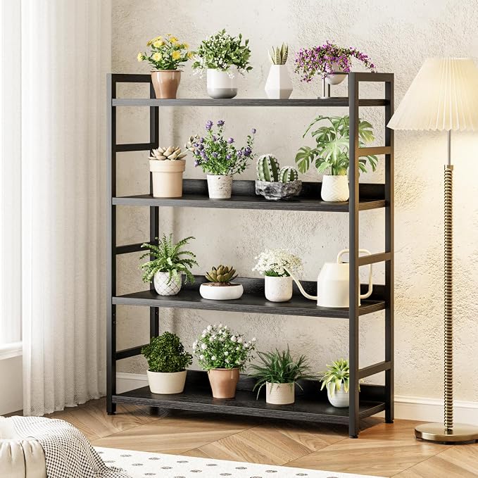 NUMENN Wide Bookshelf, 4 Tier Freestanding Shelving Unit, Black | Metal Frame & Wood Shelves, Falling Prevention Baffle, Open Storage Bookcase for Bedroom, Living Room & Home Office