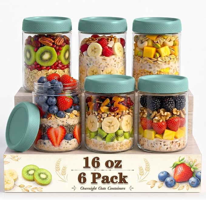 Glass Jar with Lid, Mason Jars 16 oz with Lids, Green Overnight Oats Jars | 6 Pack Glass Storage Containers with Lids, Yogurt Containers with Lids, Airtight Glass jars for Salad, Sugar, Parfait, Candy