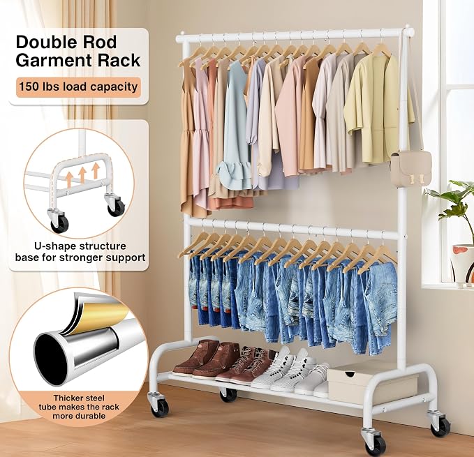 MISSLO Heavy Duty Clothing Racks for Hanging Clothes Rack Double Rod Garment Rack Rolling Closet Wardrobe Rack on Wheels, Metal, Adjustable, White