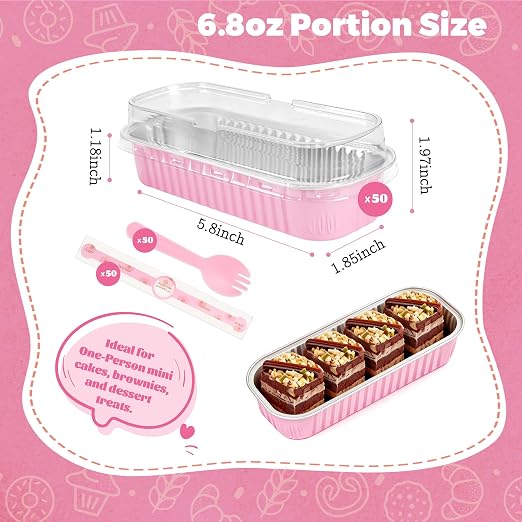 NPLUX 100 Pack Mini Cake Pans with Lids and Spoons Rectangular Aluminum Foil Baking Pans Mini Cheesecake Containers, Graduation Gifts Party Favors(6.8oz)