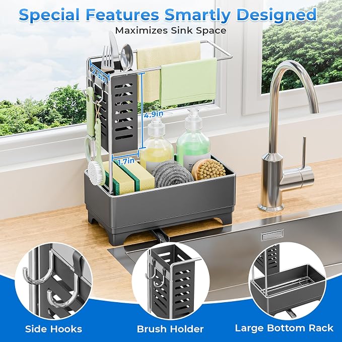 Stainless Steel Sink Caddy, Sponge Holder for Kitchen Sink with Brush Holder and Towel Rack, Sink Organizer for Countertop, Soap Dispenser Kitchen Organizers Storage Essentials(Gray)