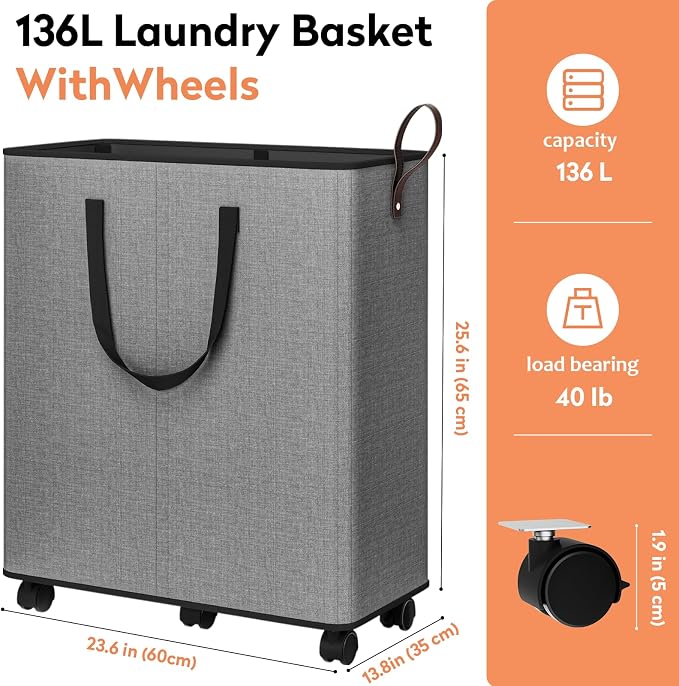 SpaceTrove Rolling Laundry Basket with Wheels, Laundry Hamper, 136L, Grey | Collapsible, 6 detachable wheels including 2 with brakes, sturdy handle, metal frame, for dorms, bathrooms and bedrooms