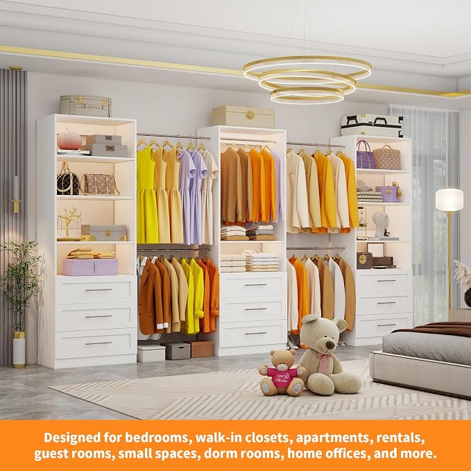 Closet System with 3 Sets, 6–20 FT Closet System with 9 Drawers, 9 Shelves & 7 Adjustable Hanging Rods, Max 244.3" Closet Organizer Systems for Walk-in Closets, Modular Custom Closet Tower, White