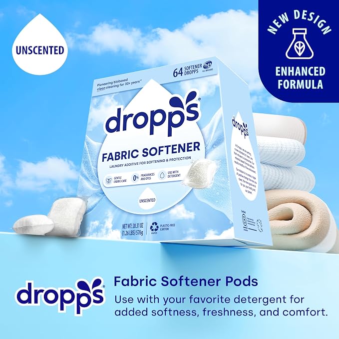 Dropps Fabric Softener Pods, Unscented (64 Count) - Free & Clear | Laundry Softener For Soft & Fluffy Fabrics | Liquid Softener & Dryer Sheet Alternative | Clean Ingredients | Plastic Free Packaging