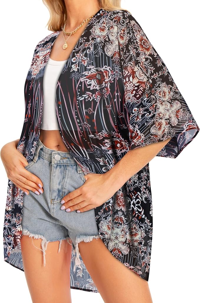 Women Kimono Cardigans Summer Cover Up Hawaiian Shirts Floral Print Tops | ROSEMIA chiffon kimono open front cardigans, beach cover ups, daily casual tops, cruise outfits, summer resort wear