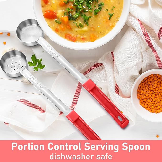 Teenyyou 16 Pcs Portion Control Serving Spoons, Restaurant Measuring Serving Ladle Utensils, Portion Control Slotted Scoops for Weight Loss, Solid and Perforated Scoops(Red,2 oz)