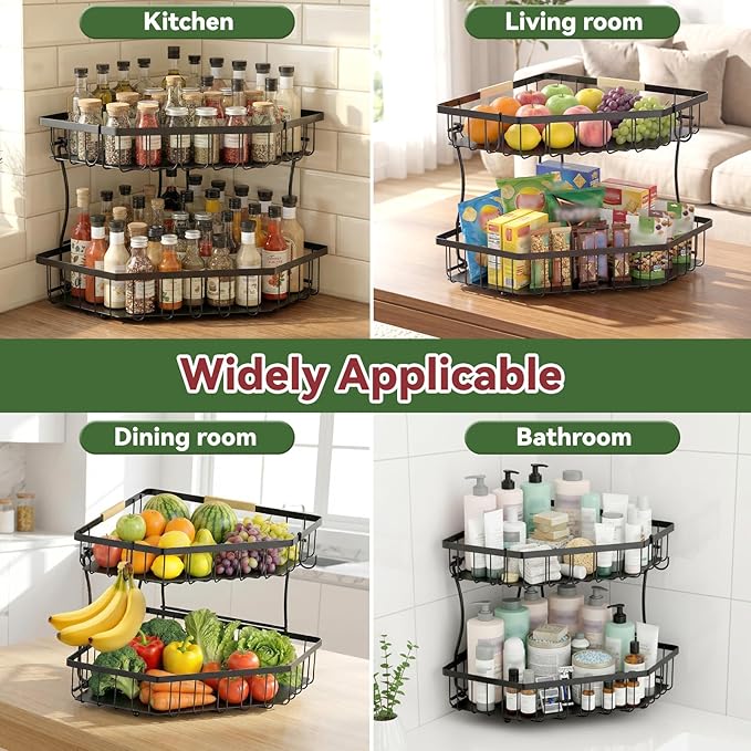 2 Tier Fruit Basket for Kitchen Counter - Detachable Metal Fruit Bowl with 2 Banana Hangers for Corner , Large Capacity Fruit Stand with Wooden Handle for Bread Fruit and Vegetable Storage- Black