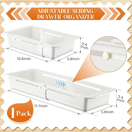 1 Pack Deep Drawer Organizer Bins, Sliding Drawer Organizer Bin Expandable and Adjustable Tray for Kitchen Utensils, Towels, BBQ Tools, Durable Plastic Sliding for Easy Storage (12.4-17.7")