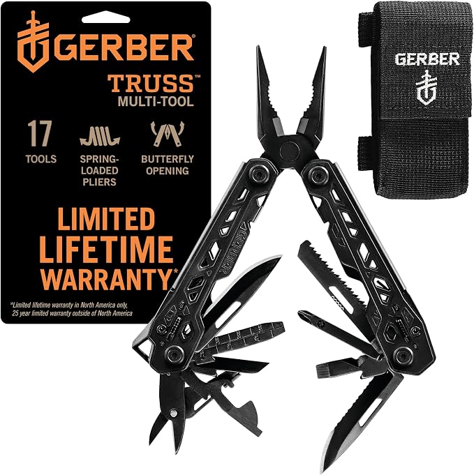 Gerber Truss 17-in-1 EDC Multitool Pliers, Pocket Knife, Molle Sheath,Black | Needle nose pliers, pocket knife, screwdriver, bottle opener included, camping & fishing gear, gifts for men, everyday carry