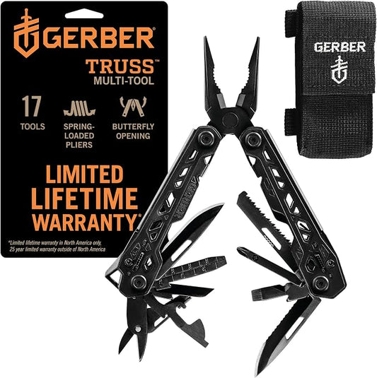 Gerber Truss 17-in-1 EDC Multitool Pliers, Pocket Knife, Molle Sheath,Black | Needle nose pliers, pocket knife, screwdriver, bottle opener included, camping & fishing gear, gifts for men, everyday carry