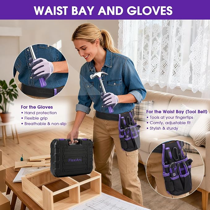 General Household Tool Set - Purple Hand Tool Kit with Waist Pouch & Gloves, Tool Kit for Women Everyday Home Repairs, DIY and Crafts, 112 pcs