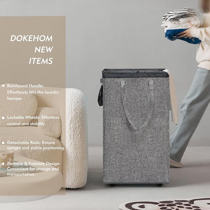 DOKEHOM 90L X-Large Rolling Laundry Basket Hamper on Wheels, Grey | Collapsible clothes hamper with removable mesh wash bag. High-capacity foldable washing bin organizer