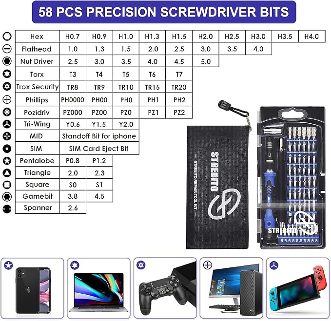 STREBITO 79 in 1 Computer Screwdriver Kit with Anti Static Wrist Strap | 58 Precision Magnetic Bits, Precision Screwdriver Set Electronics Repair Tool Kit for Computer, Laptop, PC, Cell Phone, PS4/5