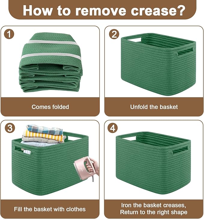 OIASKET Storage Baskets for Organizing, Woven Decorative Baskets for Shelves - Books, Towels, and Clothes, Cotton Rope Toy Storage Bins, 12.7''Lx9''Wx7.8''H, Pack of 4, Green