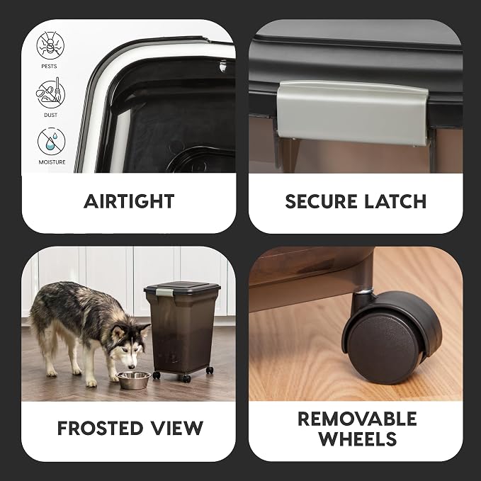 IRIS USA Airtight Dog Food Storage Container, WeatherPro, Up to 40 lbs, Removable Wheels, for Dog Cat Bird and Other Pet Food Storage Bin, Keep Fresh, Translucent Body, Made in USA, Smoke/Black