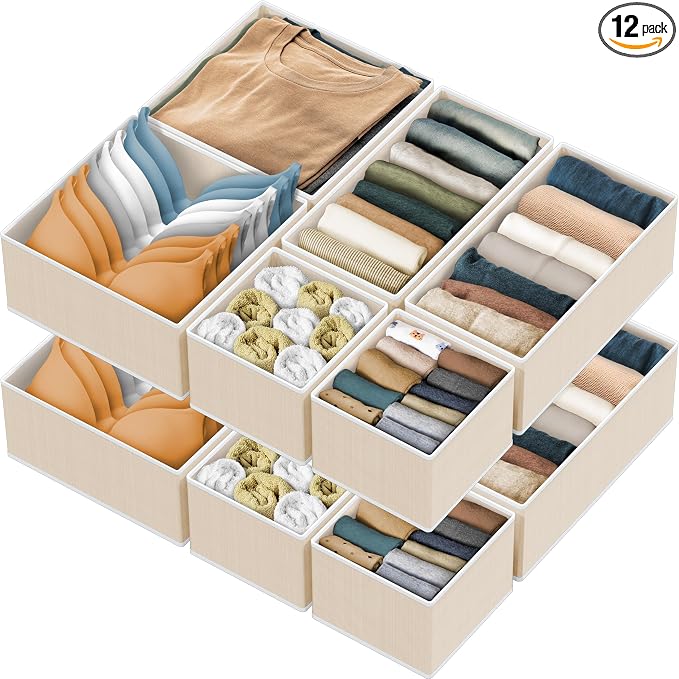 Simple Houseware Foldable Drawer Organizer Stocking Bin, Set of 12, Beige | Fabric Storage Bins for Clothes, Underwear, Bra, Panty, Socks, Onesies – Closet & Dresser Dividers for Home