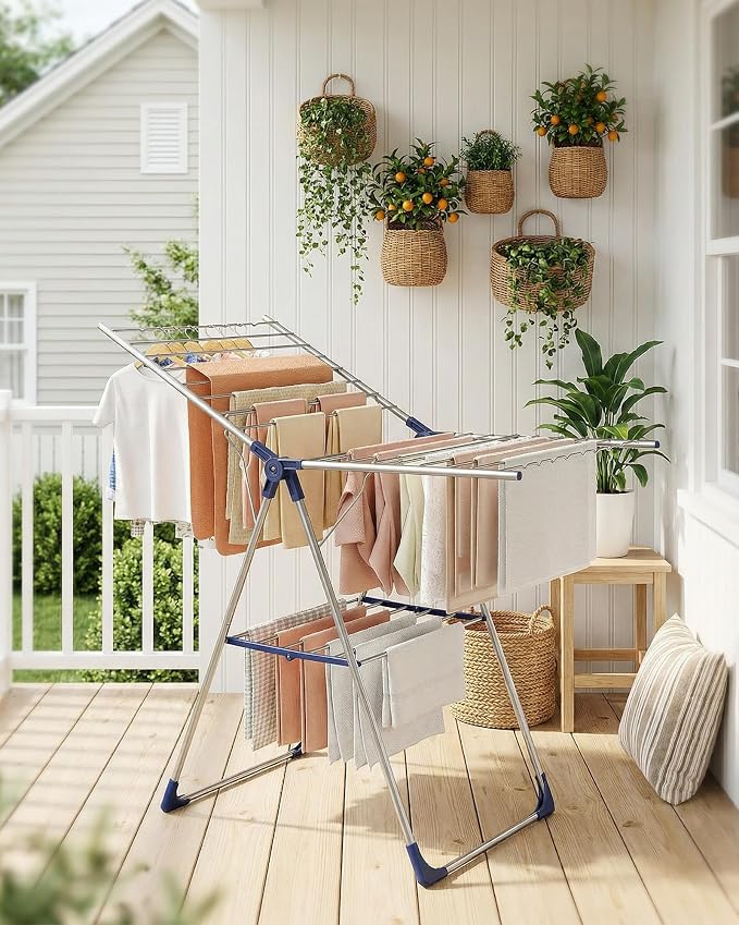 Sakugi Clothes Drying Rack, 55.5" Adjustable Wings, Foldable Design | Laundry Room, Bedroom, Outdoor & Indoor Use, Height Adjustable, Collapsible, Silver Blue, 55.5" L × 22.8" W