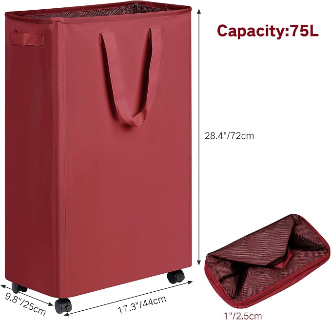 efluky Slim Laundry Hamper with Wheels, Rolling Laundry Basket for Clothes, Small Laundry Basket for Bedroom, Dorm and Laundry Room, 75L (19.8 Gallons) Red