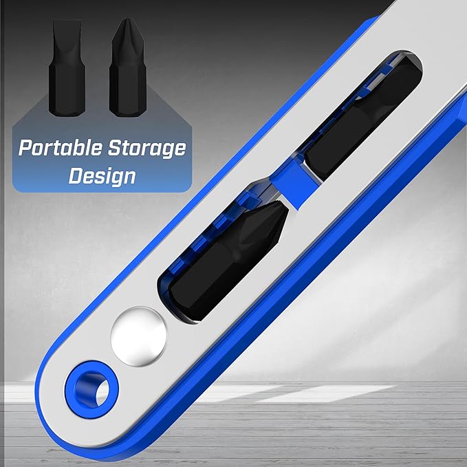 Bates- Mini Ratchet Wrench, 1/4" Magnetic 90 Degree Screwdriver, Blue, Low Profile Right Angle Screwdriver for Tight Spaces