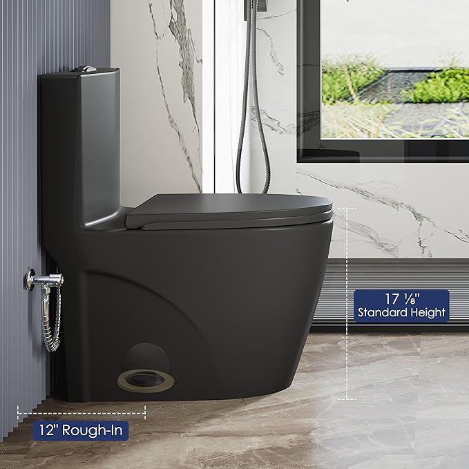 Eridanus Elongated One Piece Toilet with Powerful Siphon Dual Flush 1.1/1.6 GPF, 12" Rough-In Modern Bathroom Toilets with Comfort Soft Closing Seat Height 17", ADA Compliant Bowl, Matte Black