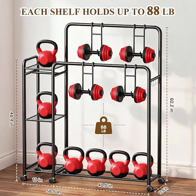 Heavy Duty Clothes Rack with Wheels, Double Rod Clothing Rack with Storage Shelves & Hooks, Rolling Garment Rack and Portable Closet Organizer for Bedroom, Laundry Room, Apartment