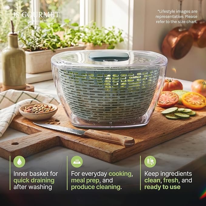 JS Gourmet Salad Spinner – 5.68L (24 Cup), BPA-Free Manual Vegetable Spinner with Strainer Basket, Durable Kitchen Gadget, Easy Spin Dryer Bowl for Lettuce, Fruits & Greens