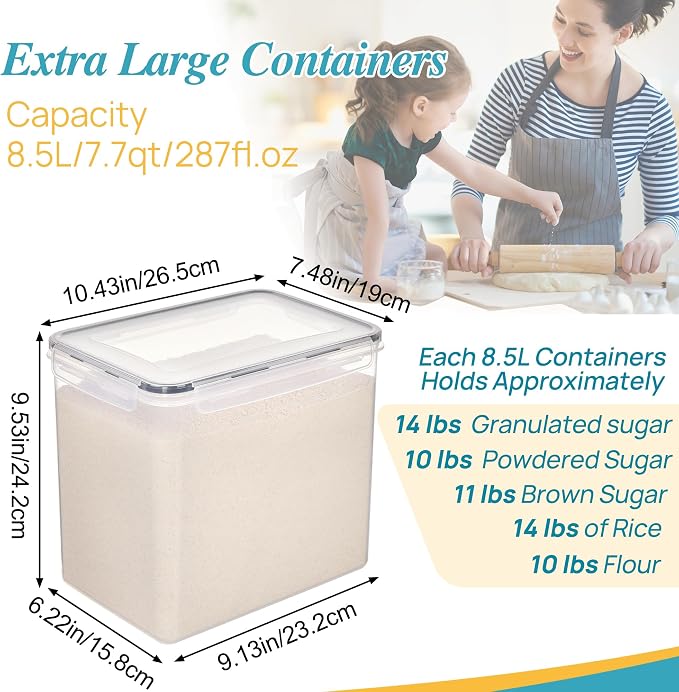 Vtopmart 8.5L 2 Pack Extra Large Flour Sugar Storage Containers, Each for 10lbs flour, Airtight Kitchen Pantry Organization Canisters with Lids for Bulk food, Rice, Baking Supplies, BPA Free, Black
