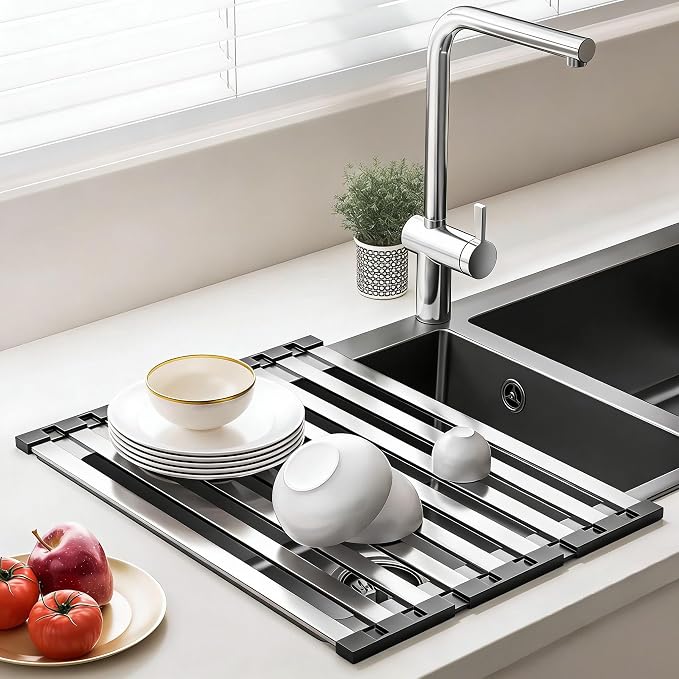 Over the Sink Kitchen Dish Drying Rack Organizer - Stainless Steel Collapsible Non-Slip Space-Saving [23.26 * 12.8IN] - Rust-Resistant Heat-Resistant Sturdy - Easy to Clean