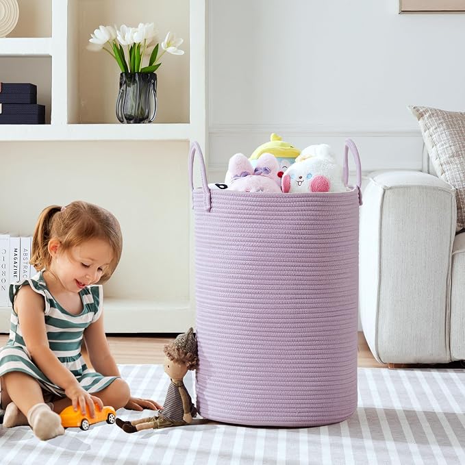 80L Large Purple Hamper Laundry Basket for Girls Kids Lavender | Tall Woven Blanket Basket for Nursery Cotton Rope Lilac Clothes Hamper in Bedroom 16Dx22H inches