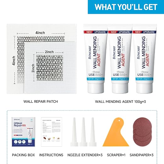BONCART Spackle Wall Repair Kit, 3-Pack Wall Mending Agent with Tools | Includes Scraper, Sandpaper, And Aluminum Patches. For Cracks And Nail Holes.