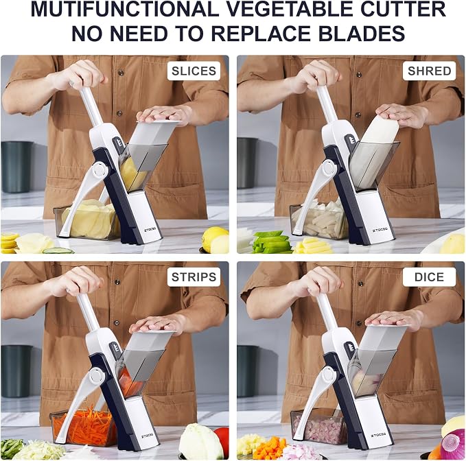 5 in 1 Adjustable Safe Mandoline Slicer for Kitchen with Paring Knife | Safe Mandoline Slicer for Kitchen, Easy to Clean/Storage, Potato Slicing, Strips, Shredding, Dicing, Chop, Cleaning brush