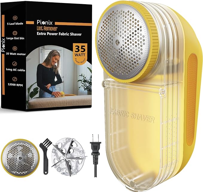 Pionix Extra Power Fabric Shaver - 35W Electric Lint Remover for Clothes/Upholstery/Furniture/Couch - Speed of 12000 RPM - Heavy Duty Sweater Shavers to Remove Pilling - Large Fuzz Remover Yellow