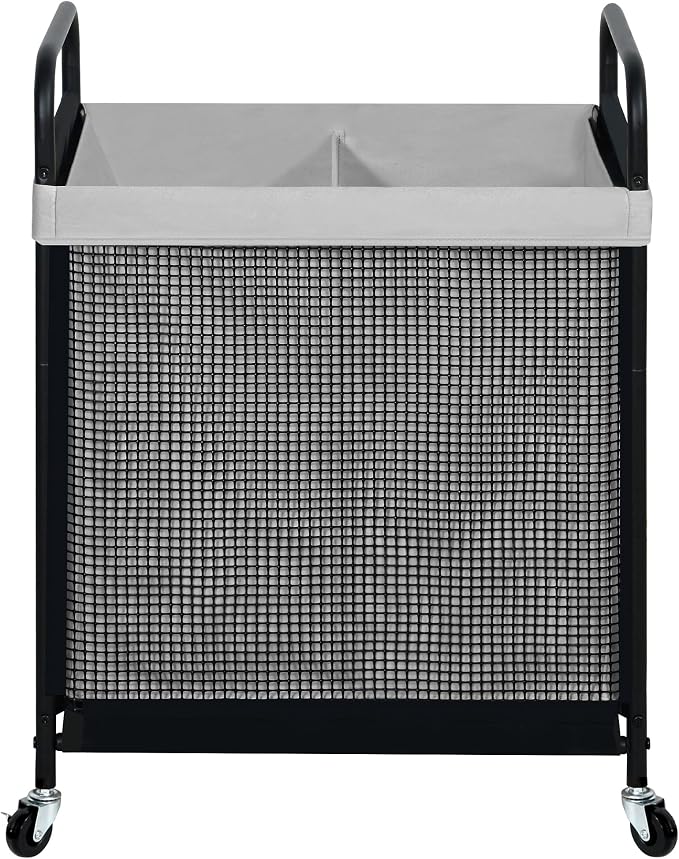 STO STO Laundry Hamper 2 Section, 100L Rolling Laundry Sorter Cart with Removable and Washable Liner Bag, Clothes Hamper with Wheels and Metal Handle for Laundry Room and Bedroom, Gray