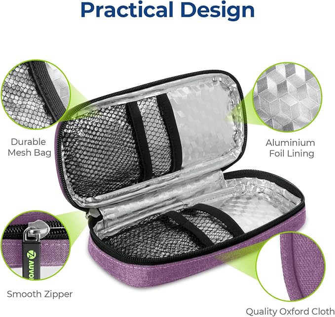 AUVON Insulin Cooler Travel Case, Diabete Care, 2x90g TSA-Approved Ice Pack | Diabetic Medication Insulated Cooling Bag for 2 Insulin Pens and Diabetic Supplies Storage, Compact for Daily Life and Trips