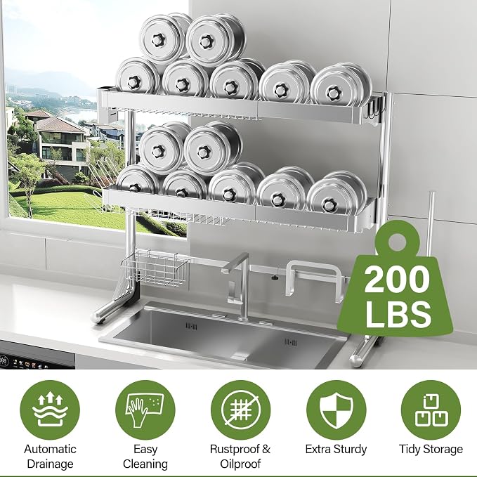 Over The Sink Dish Drainer Drying Rack 3 Tier, Full Stainless Steel Dish Drying Rack Adjustable Length 20.9''-37.4'', Kitchen Sink Shelf, Organized Space-Saving Dish Rack