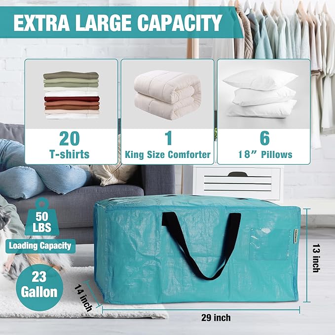 WORKPRO 6 Pack Extra Large Moving Bags with Backpack Straps & Handles | Heavy Duty Moving Storage Bags, Blue, Double Zippers for Moving, Dorm, Closet Storage, Travel & Space Saving