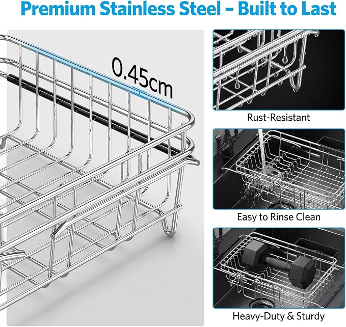 Delamu Over The Sink Dish Drying Rack for Small Kitchen | Expandable Stainless Steel in Sink Dish Drainer, Dish Rack for Kitchen Inside Sink with Utensil Holder, Rustproof, Medium