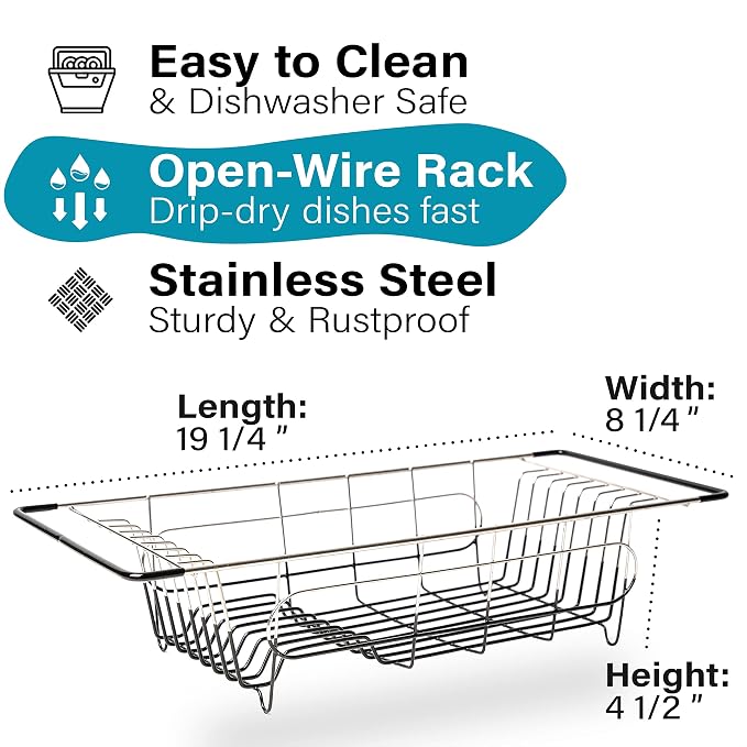 Better Houseware Over The Sink Dish Drying Rack, Space-Saving Stainless Steel Dish drainers for Kitchen Sink, Adjustable Sink Dryer Rack for Dishes