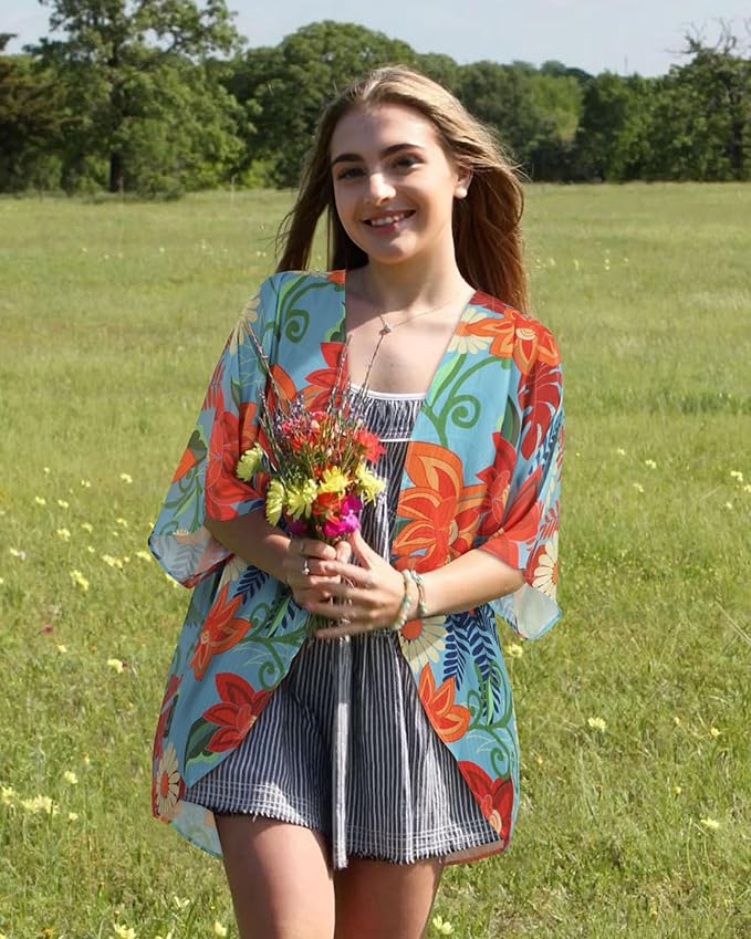 Women Kimono Cardigans Summer Cover Up Hawaiian Shirts Floral Print Tops | ROSEMIA chiffon kimono open front cardigans, beach cover ups, daily casual tops, cruise outfits, summer resort wear