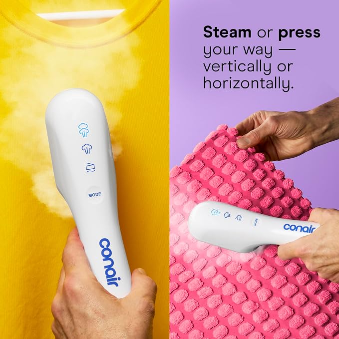 Conair Clothes Steamer, 2-in-1 Travel Steamer & Iron, Anti-Drip, White/Blue | Portable handheld garment steamer for clothes w/ iron, quickly removes wrinkles, dual voltage 120-240V & heats in 75 seconds